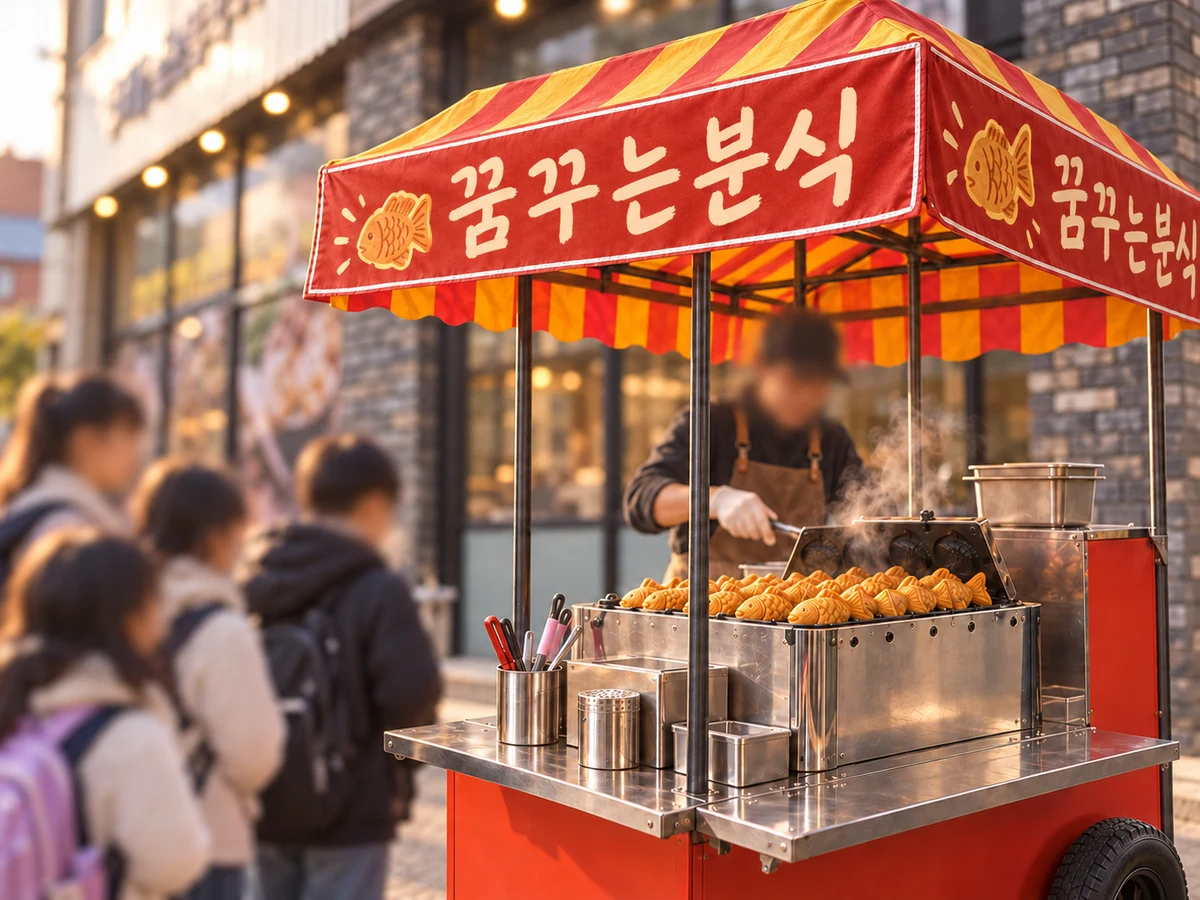 붕어빵 수레 앞에서 하교길 아이들이 기다리고 주인이 붕어빵을 굽는 모습